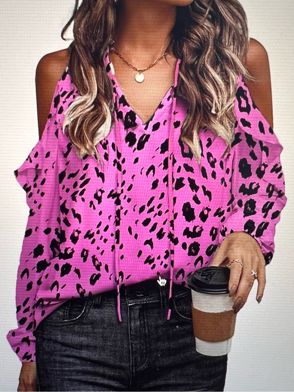 Cold-Shoulder Pink Leopard Print V-Neck Top